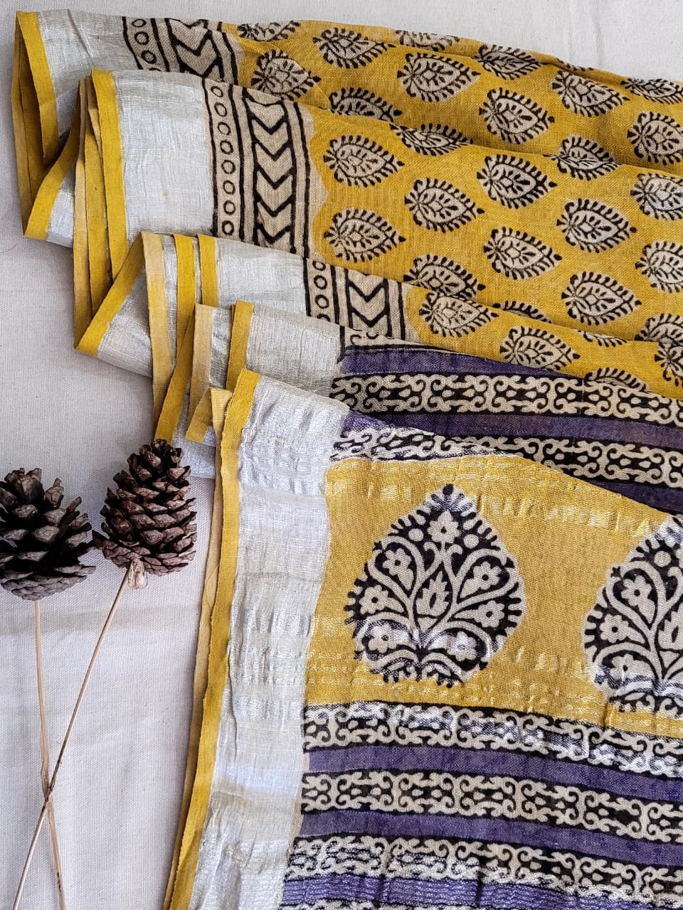 Mustard Linen Handblock Saree