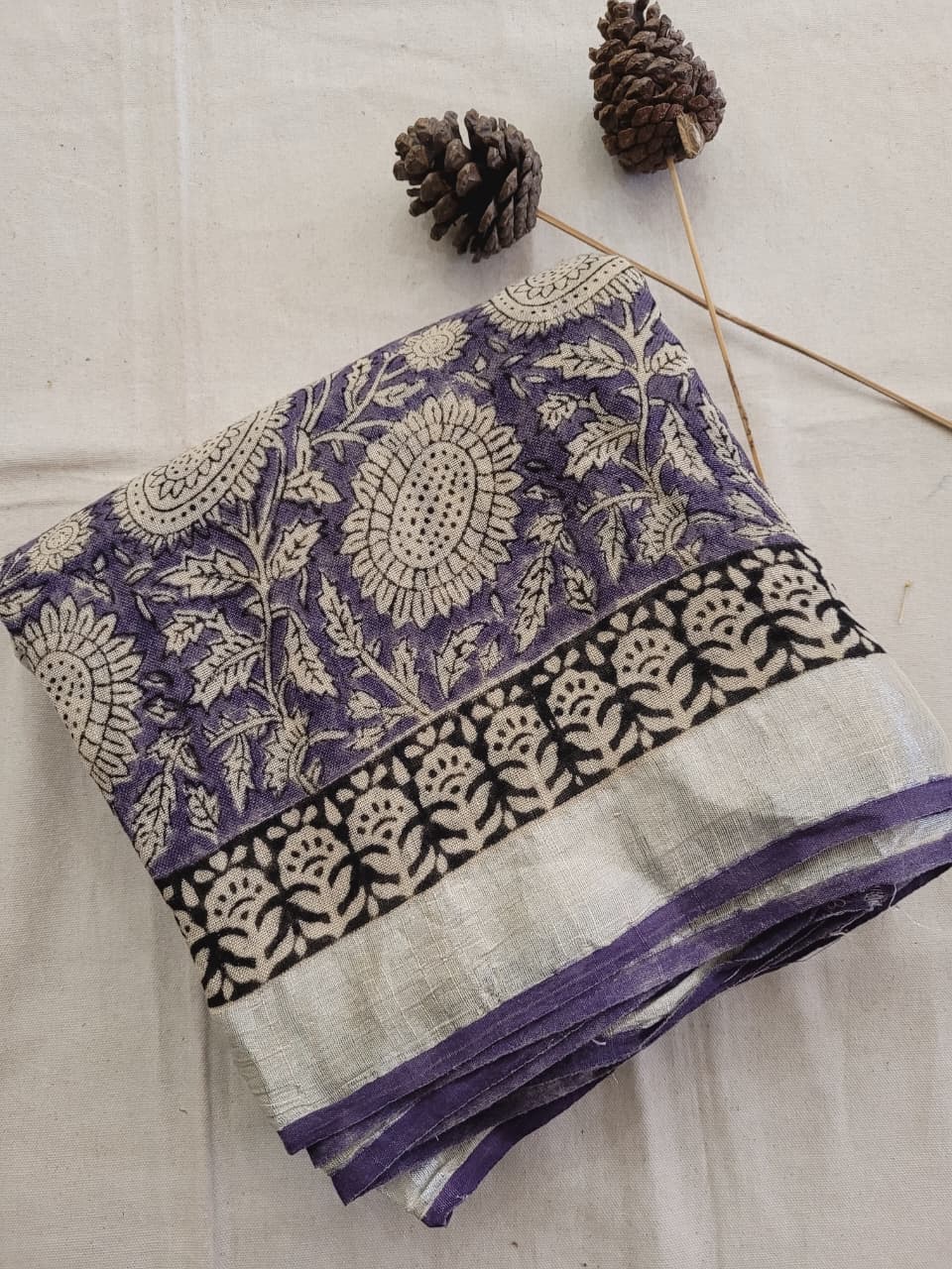 Blue Linen Handblock Saree