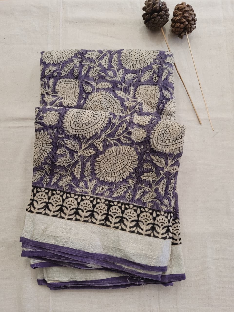Blue Linen Handblock Saree