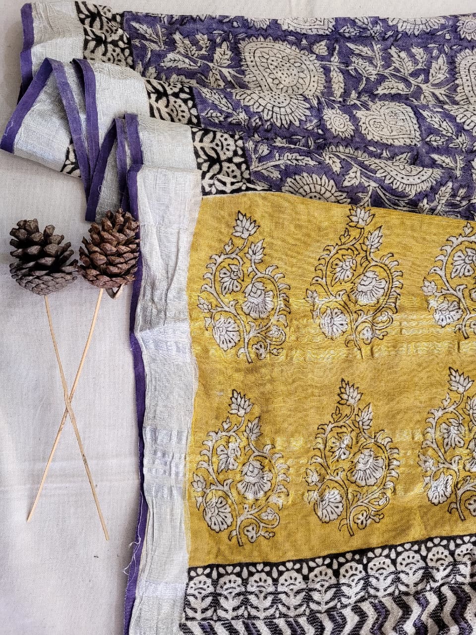 Blue Linen Handblock Saree