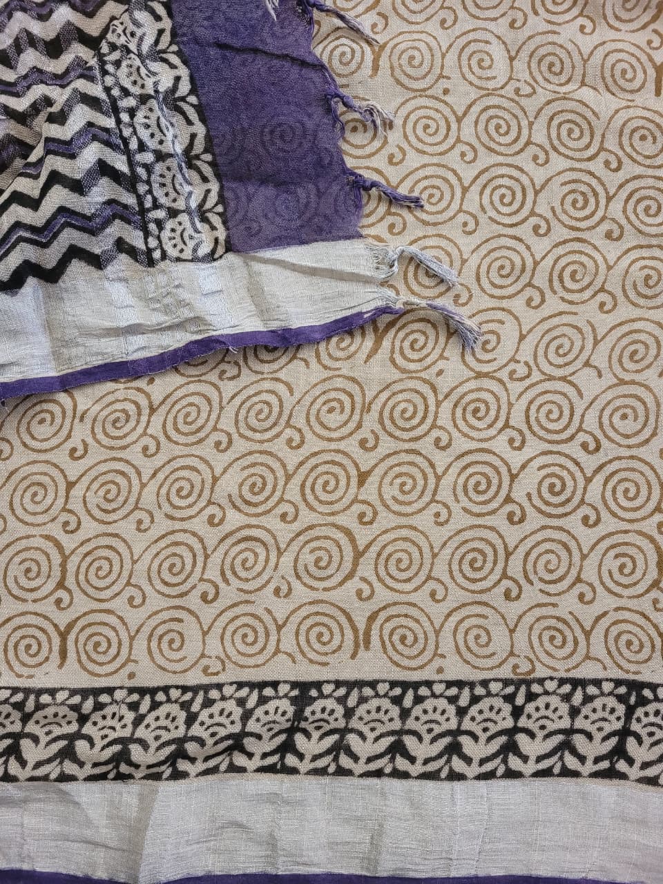 Blue Linen Handblock Saree
