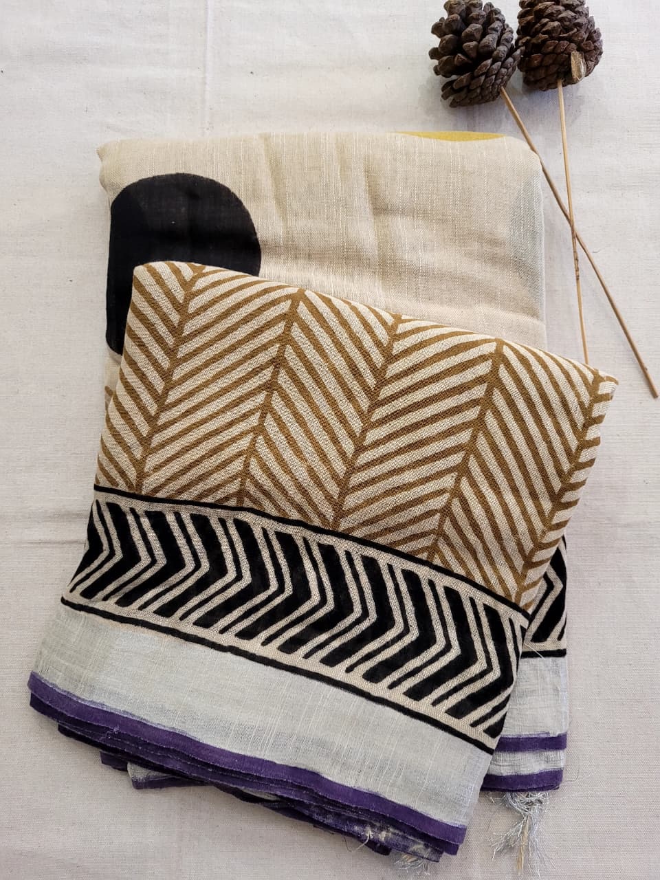 Yellow3 Linen Handblock Saree