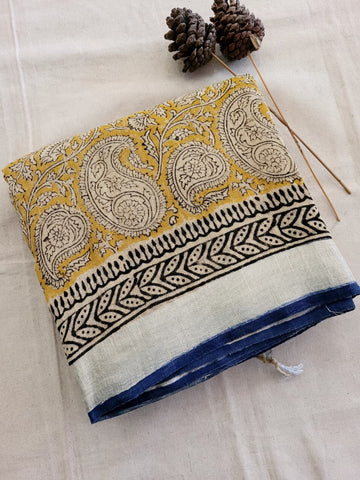 Yellow2 Linen Handblock Saree