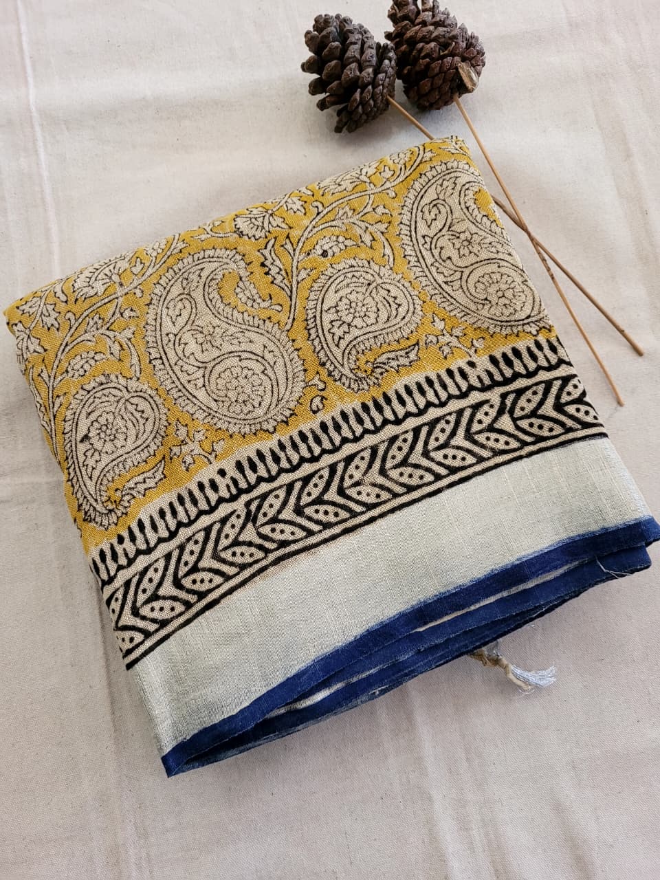 Yellow2 Linen Handblock Saree
