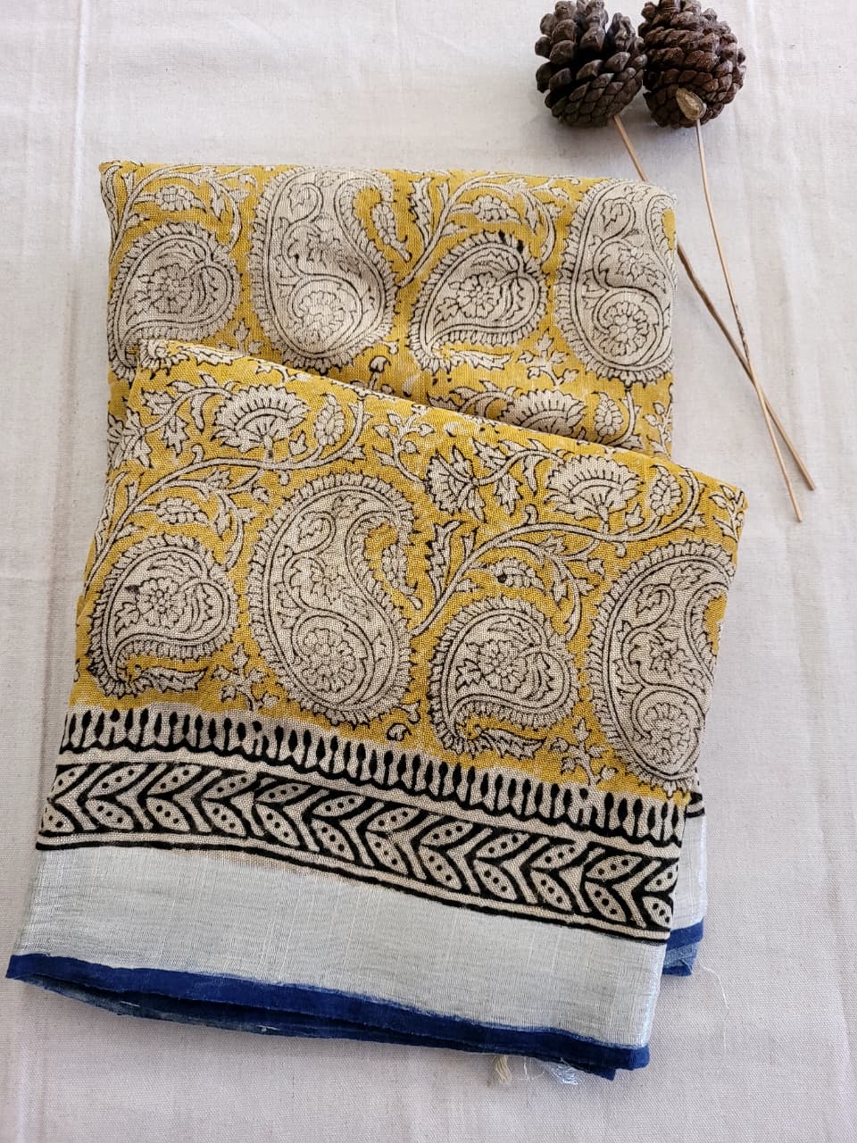 Yellow2 Linen Handblock Saree