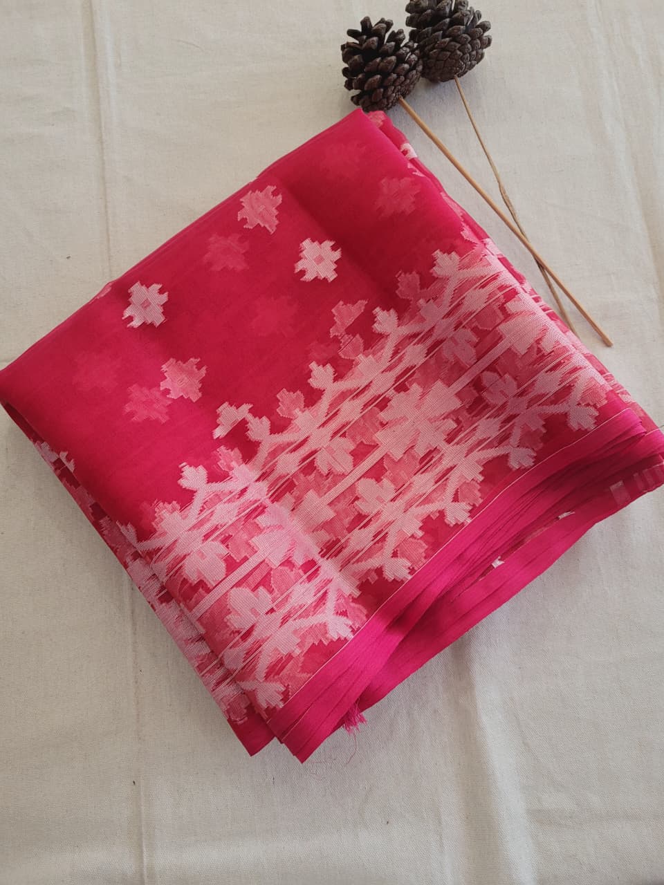 Red Maslin Jamdani Saree