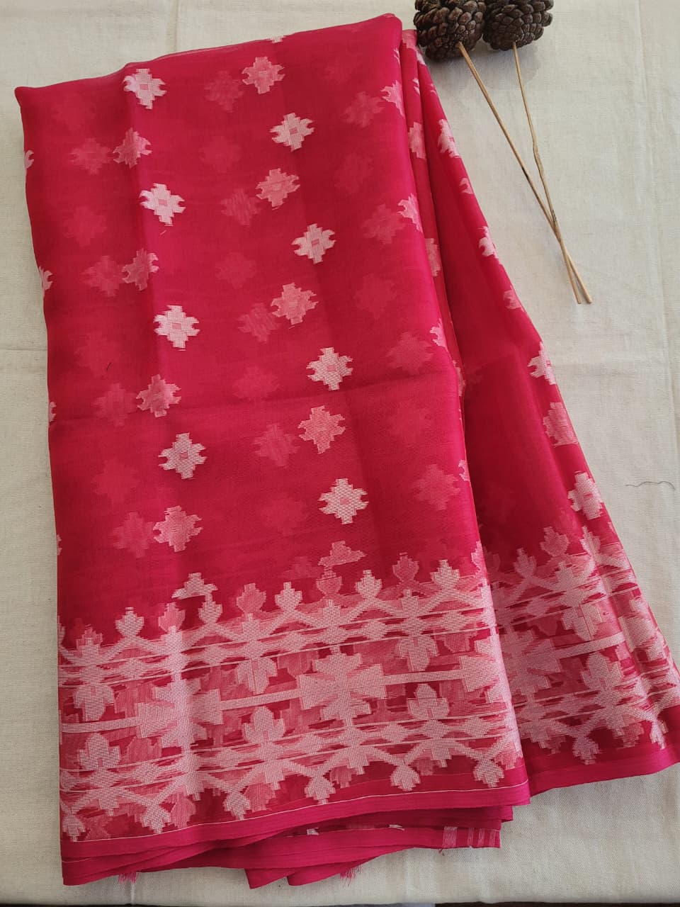 Red Maslin Jamdani Saree
