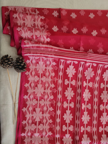Red Maslin Jamdani Saree