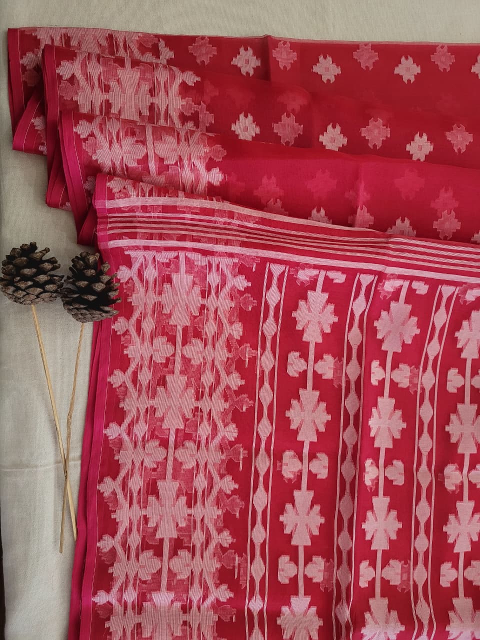 Red Maslin Jamdani Saree