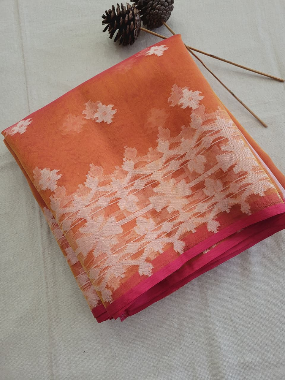 Orange Maslin Jamdani Saree