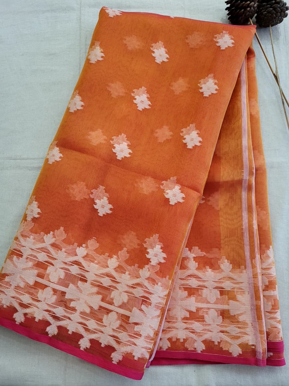 Orange Maslin Jamdani Saree