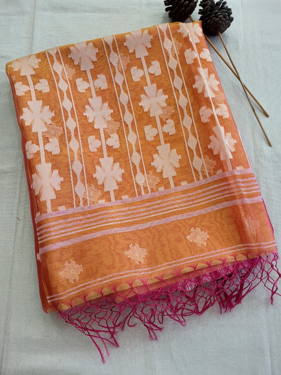 Orange Maslin Jamdani Saree