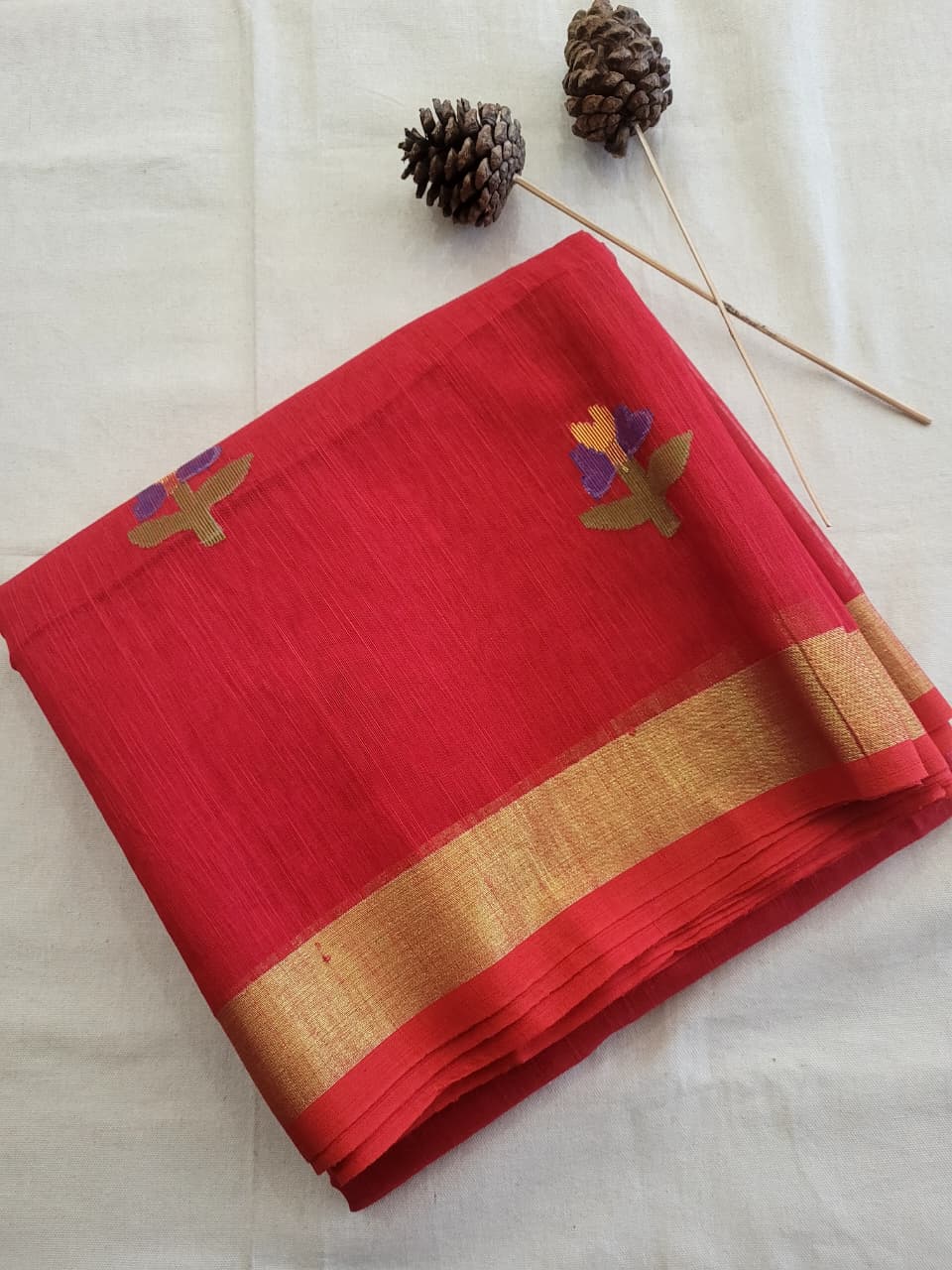 Red Maslin Jamdani Saree