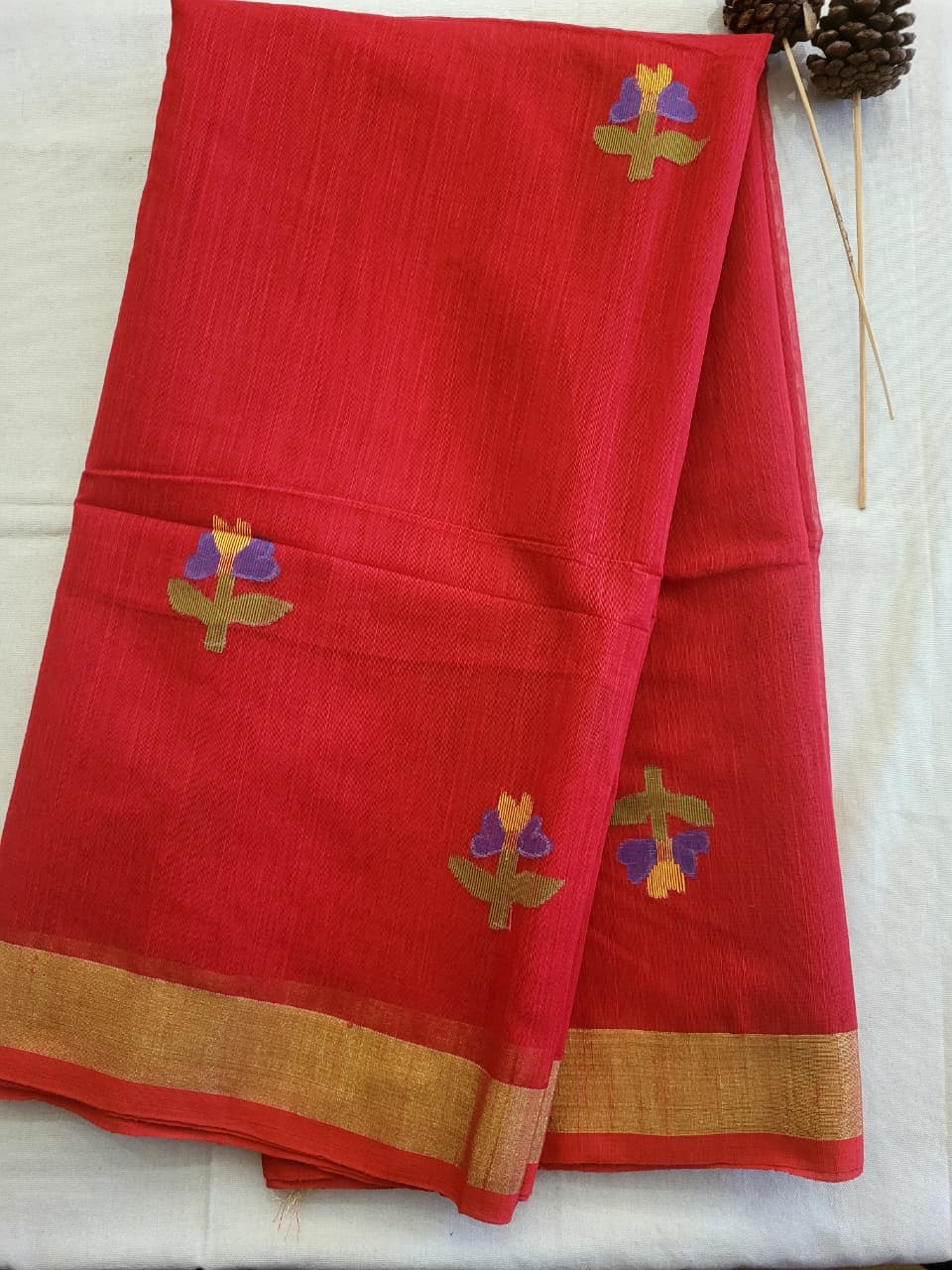 Red Maslin Jamdani Saree