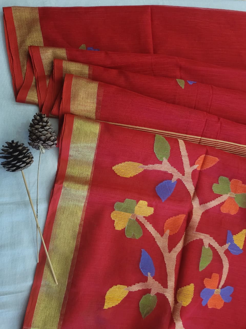 Red Maslin Jamdani Saree