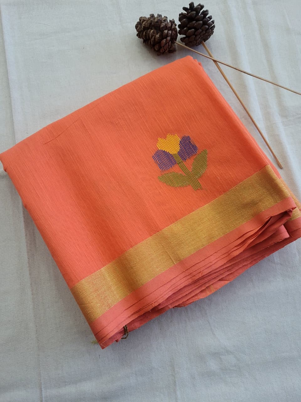 Orange Maslin Jamdani Saree