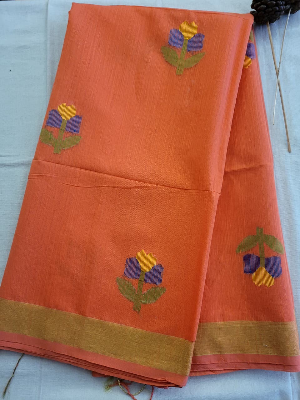 Orange Maslin Jamdani Saree
