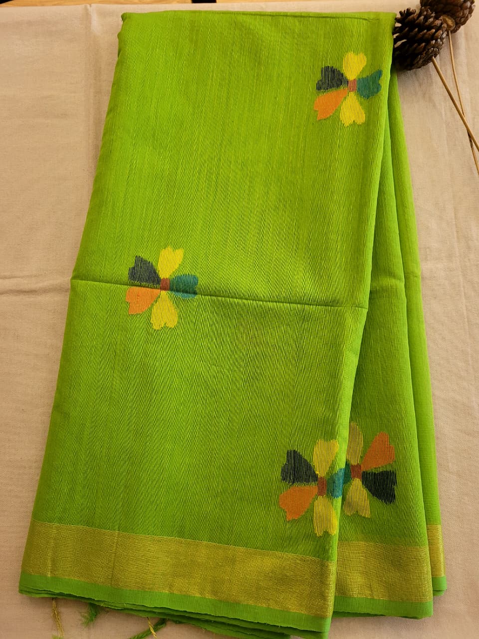 Green Maslin Jamdani Saree