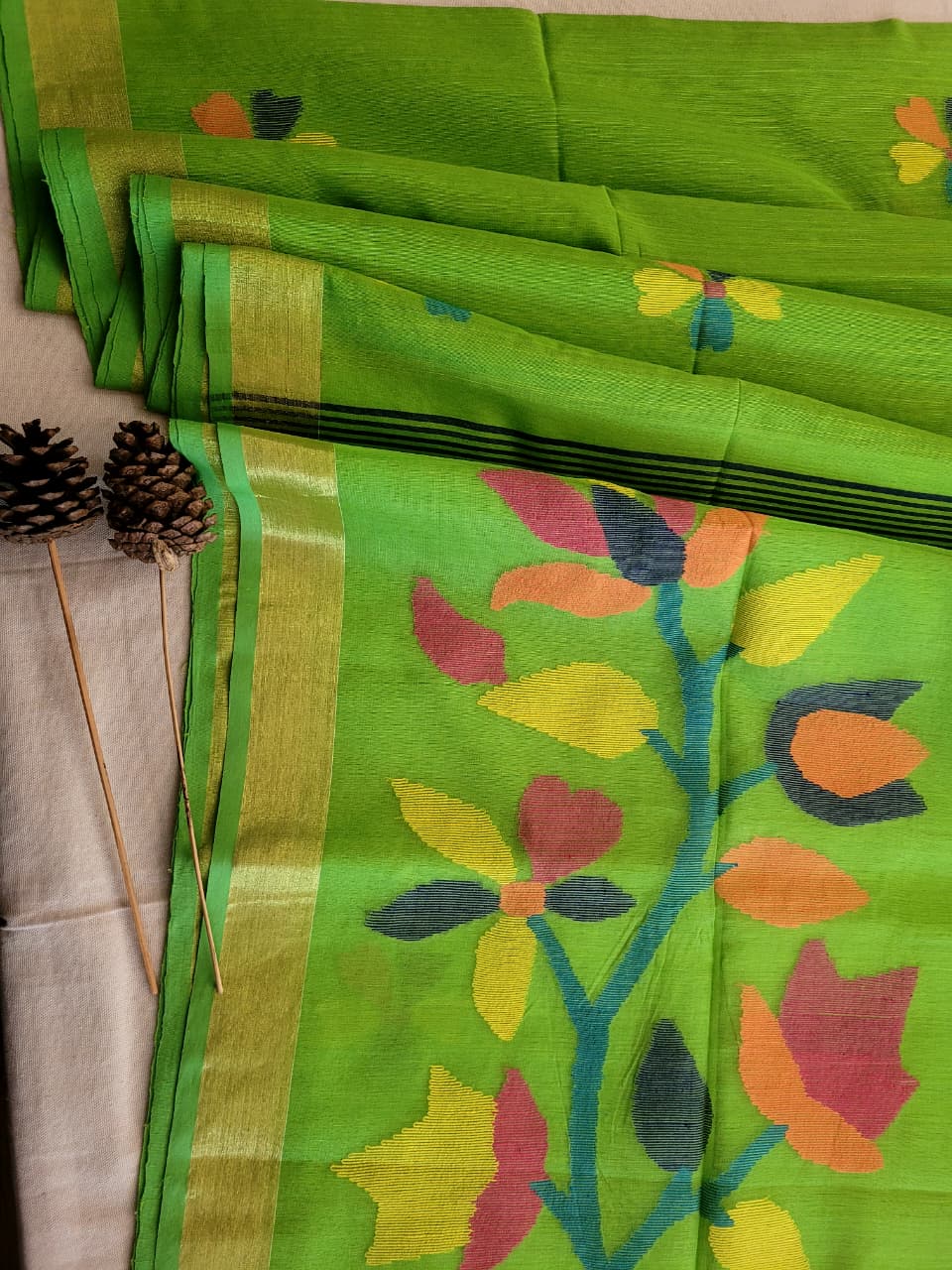 Green Maslin Jamdani Saree