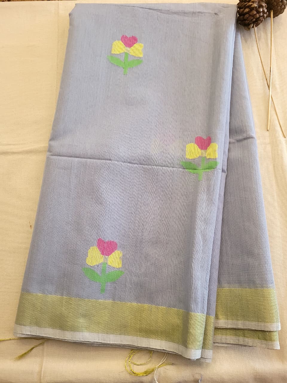 Gray Maslin Jamdani Saree