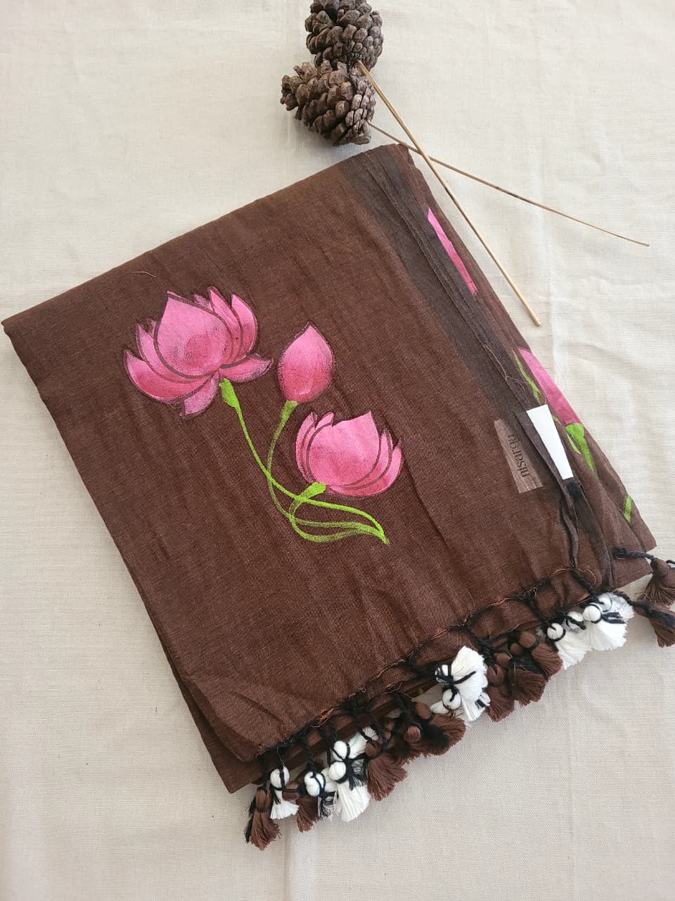 Brown Handpaint Mul Saree