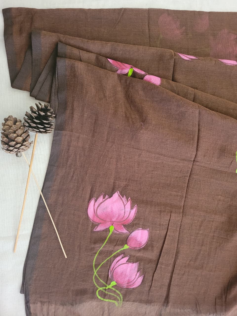 Brown Handpaint Mul Saree
