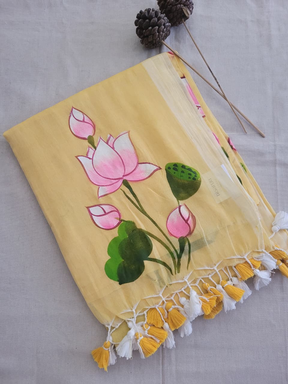 Yellow Handpaint Mul Saree