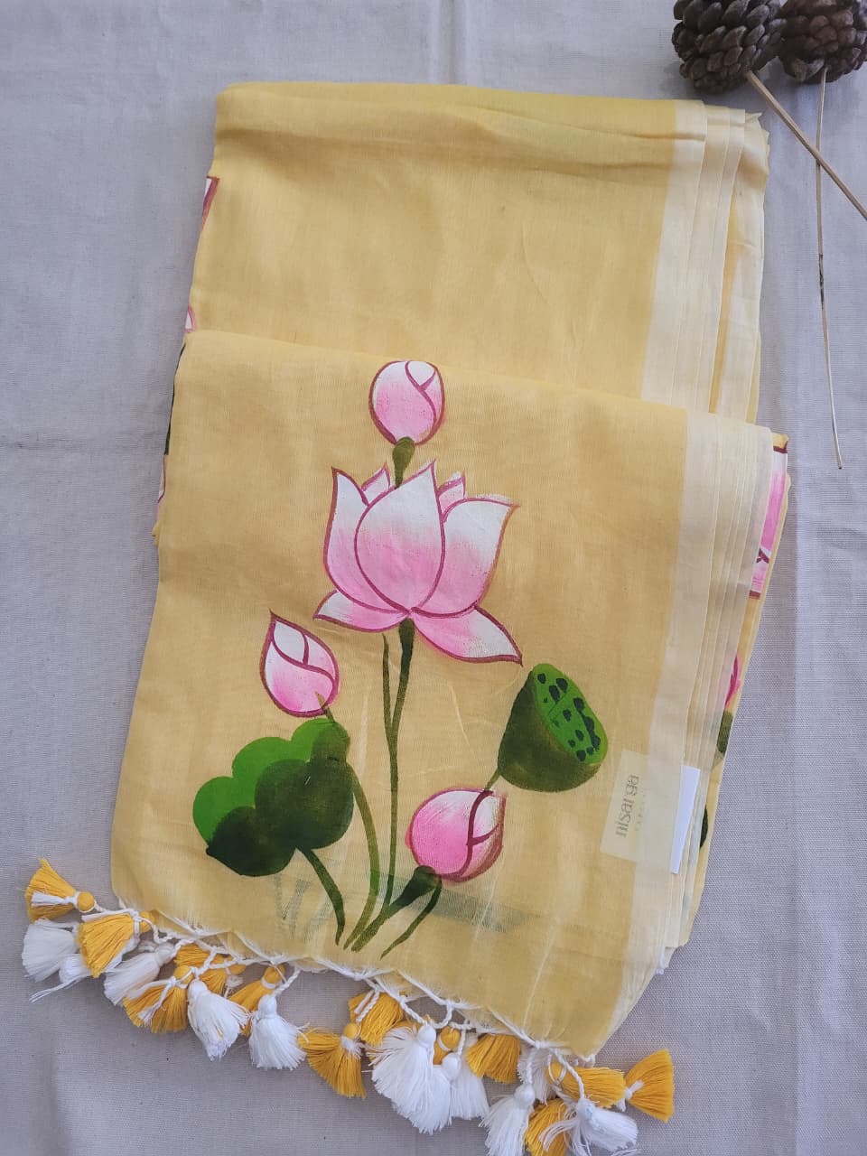 Yellow Handpaint Mul Saree