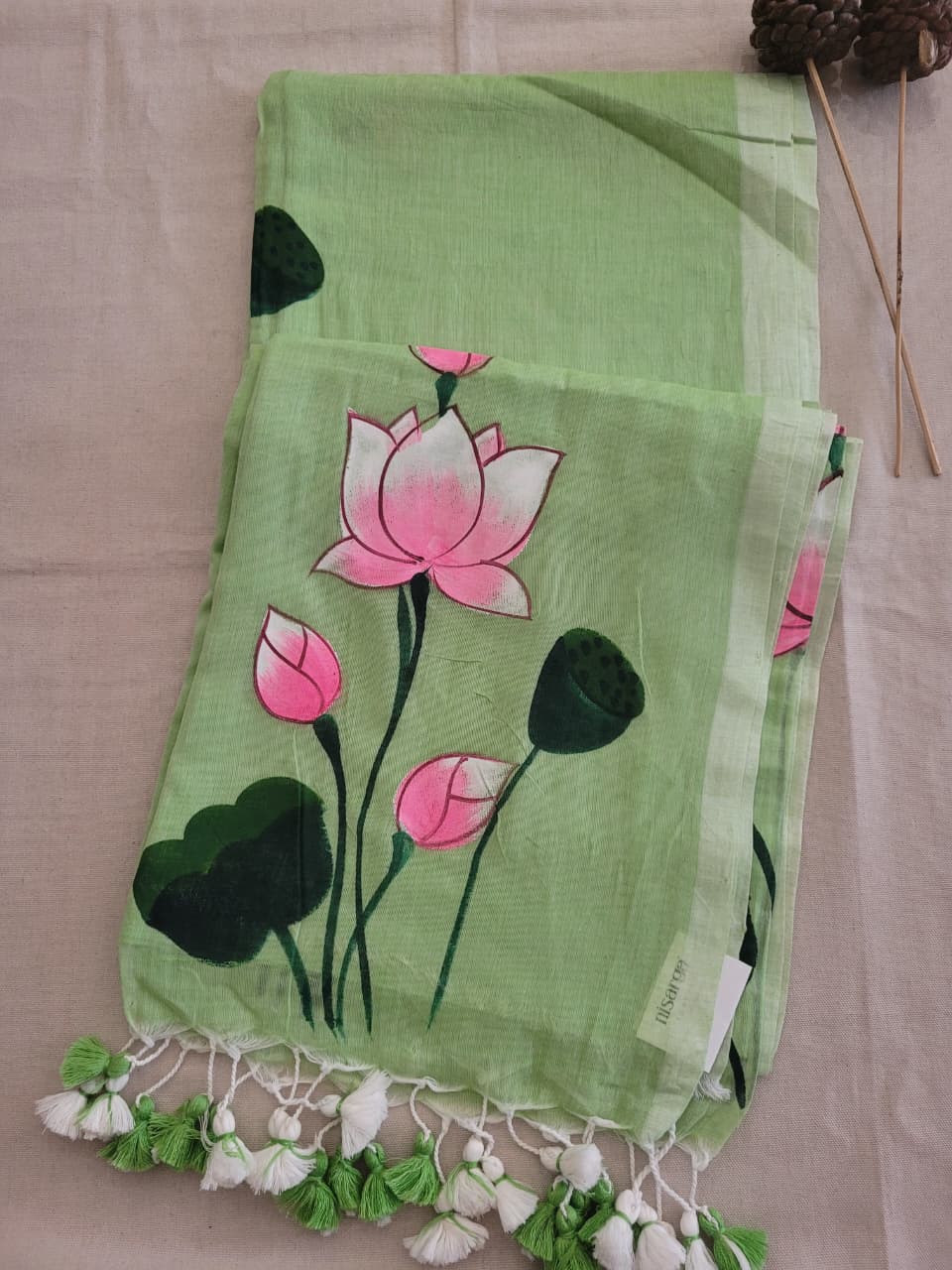 Green Handpaint Mul Saree