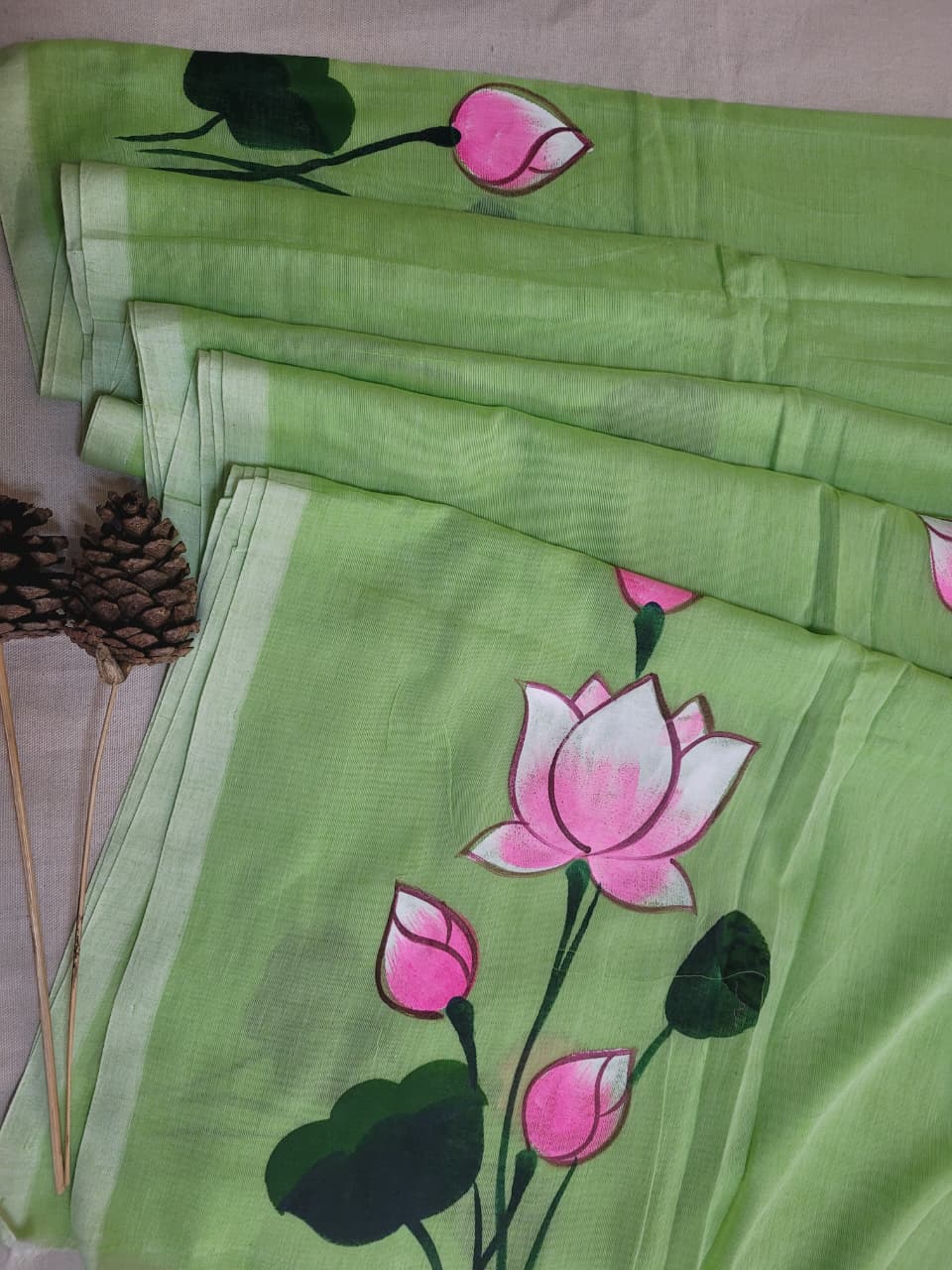 Green Handpaint Mul Saree