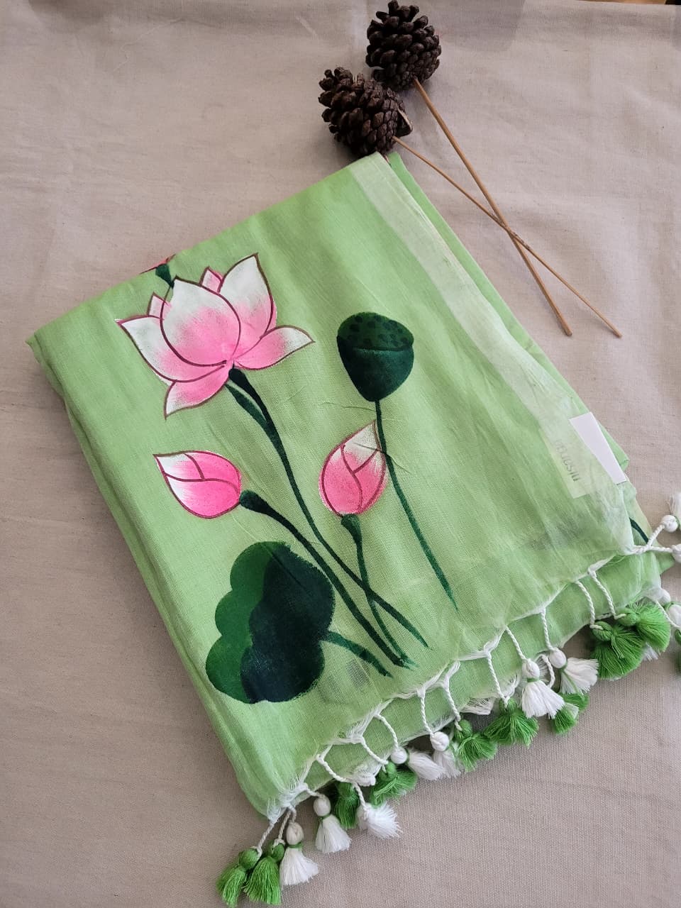 Green Handpaint Mul Saree