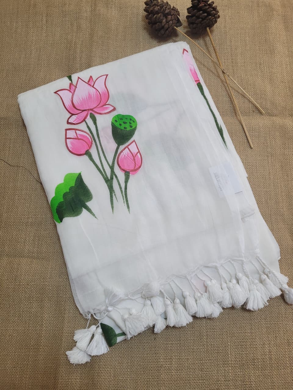 White Handpaint Mul Saree
