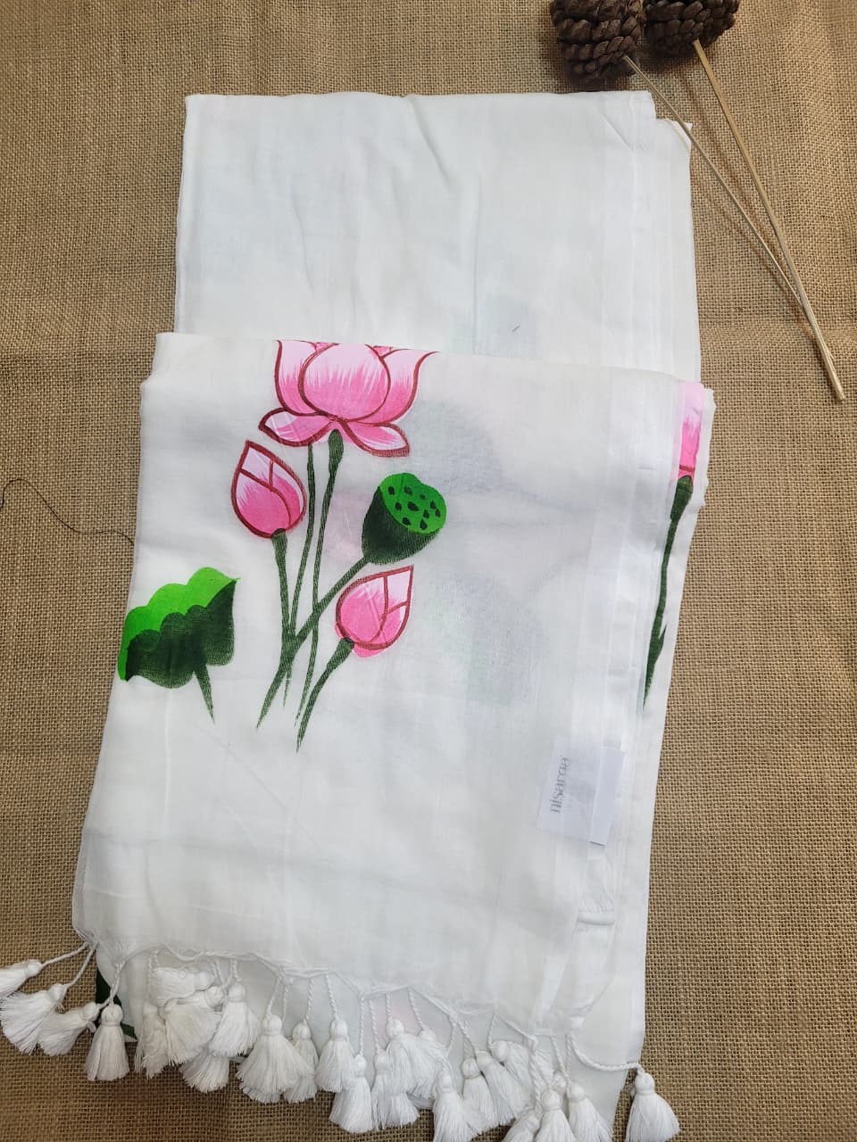 White Handpaint Mul Saree