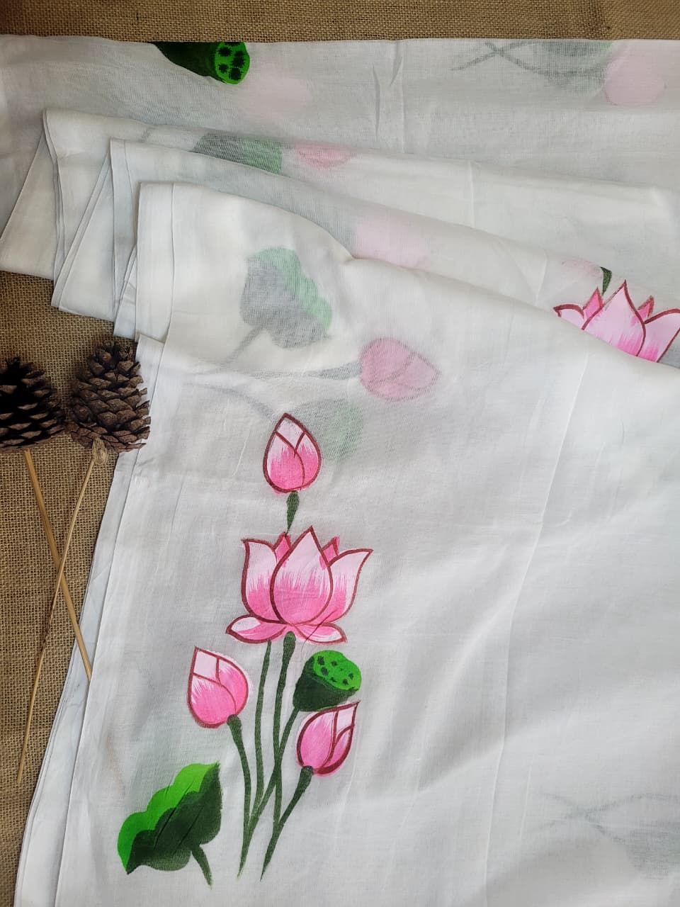 White Handpaint Mul Saree