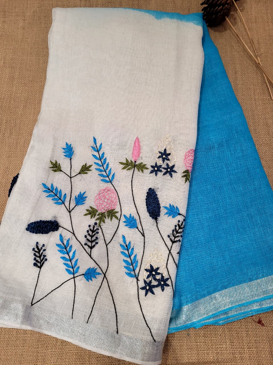 Blue Swarna Linen Saree