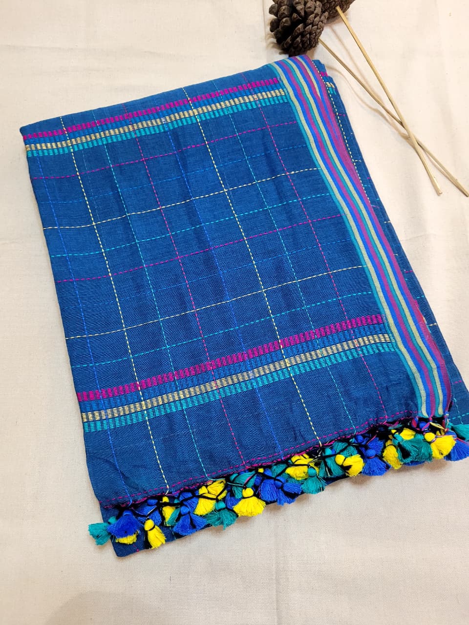 Blue Cotton Kantha Saree