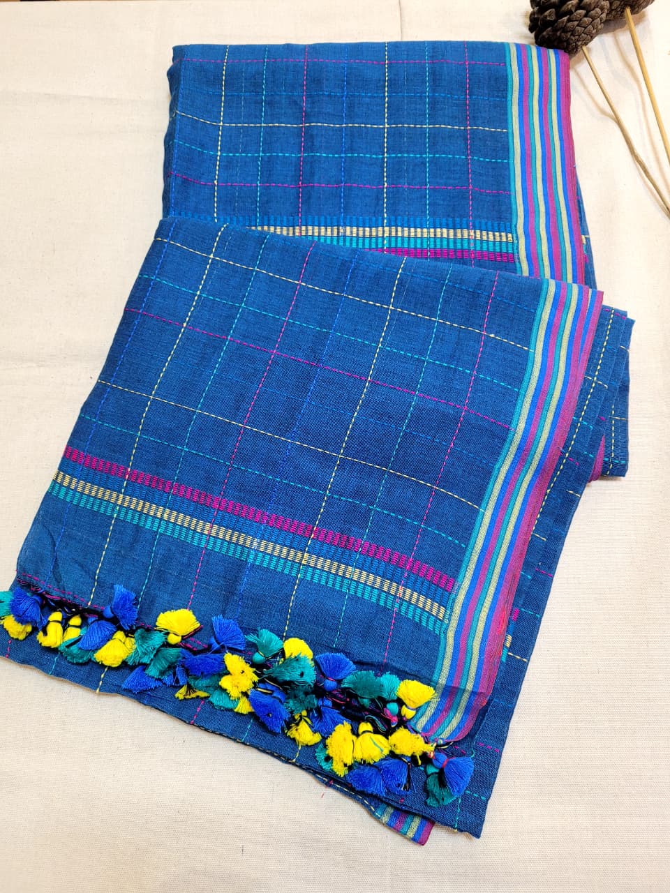Blue Cotton Kantha Saree