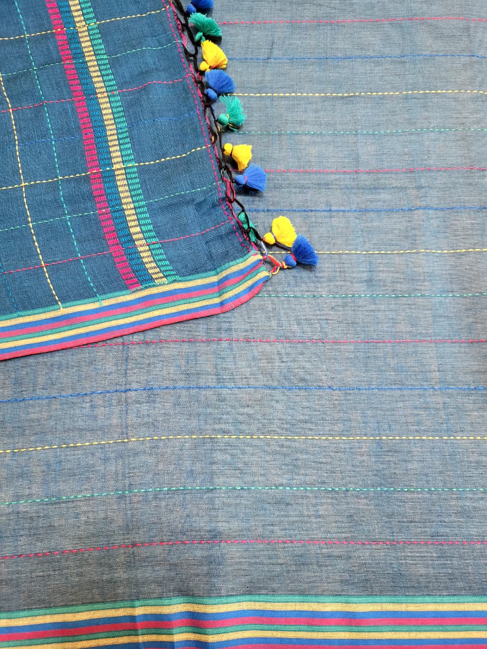 Blue Cotton Kantha Saree
