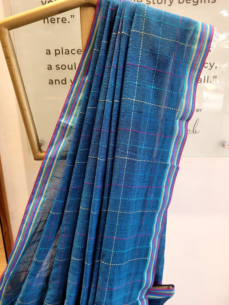 Blue Cotton Kantha Saree