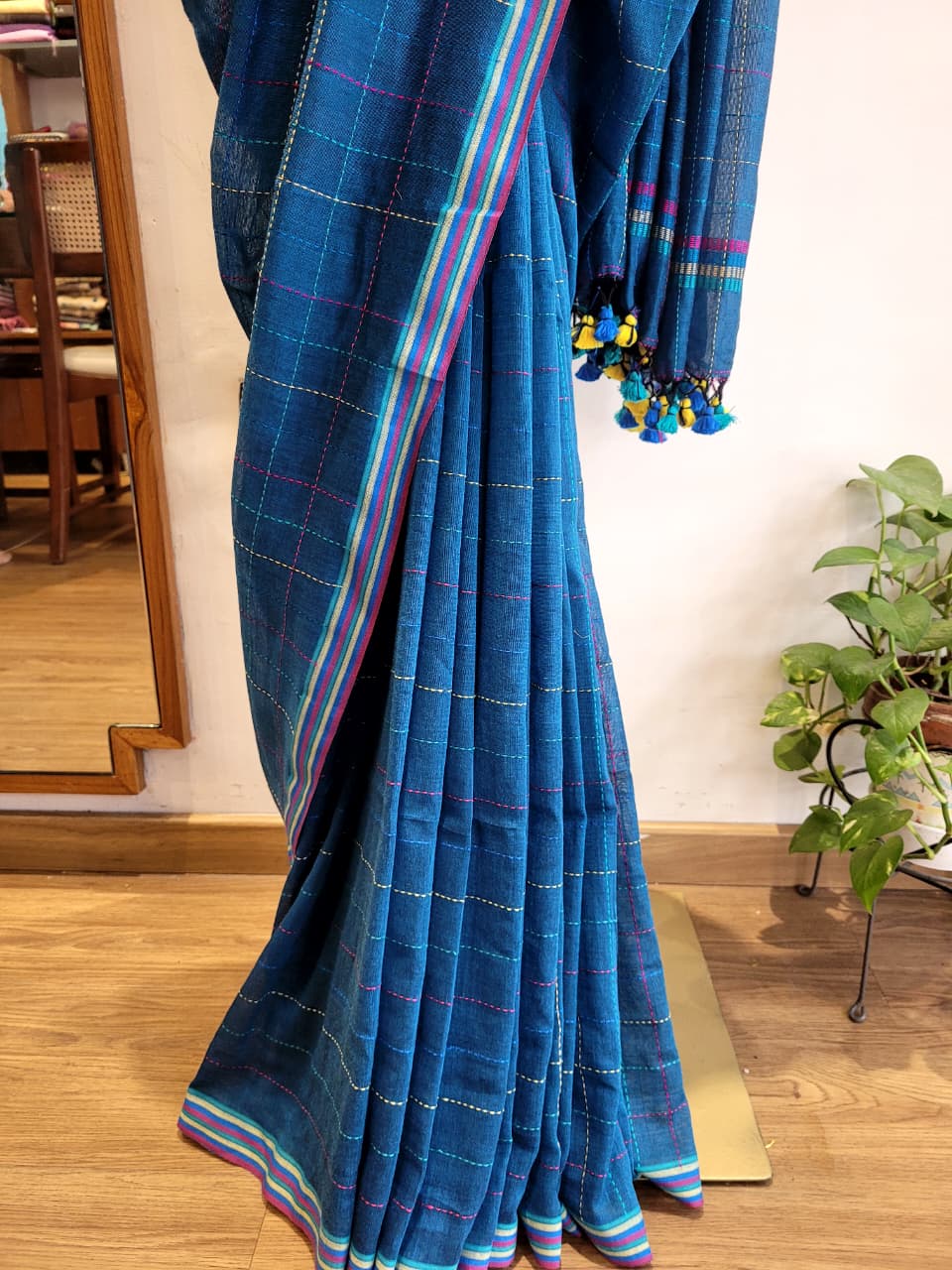 Blue Cotton Kantha Saree