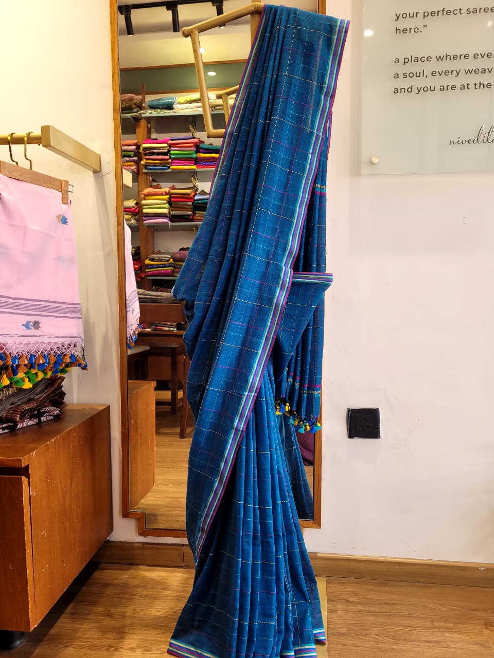 Blue Cotton Kantha Saree