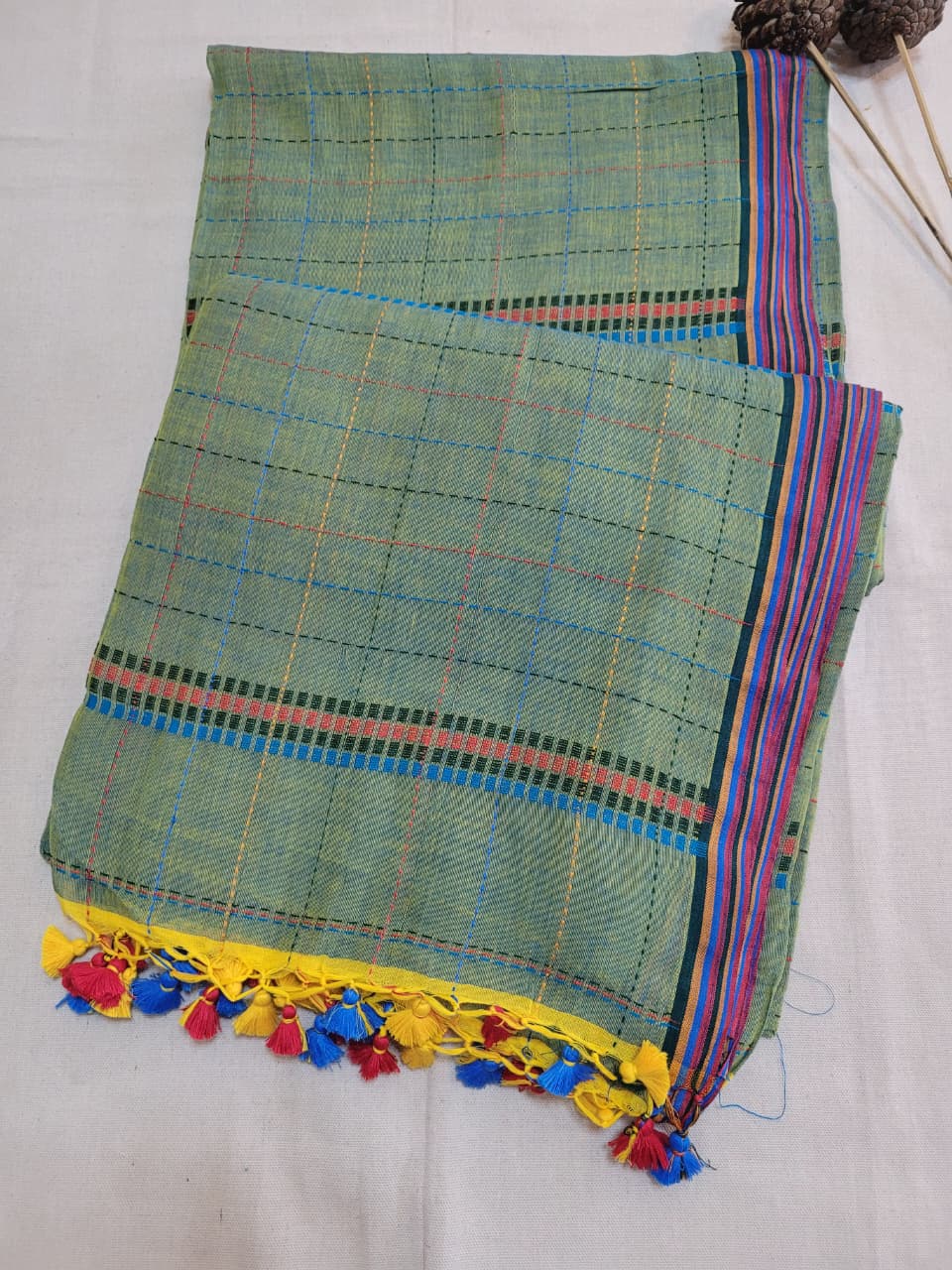 Green Cotton Kantha Saree