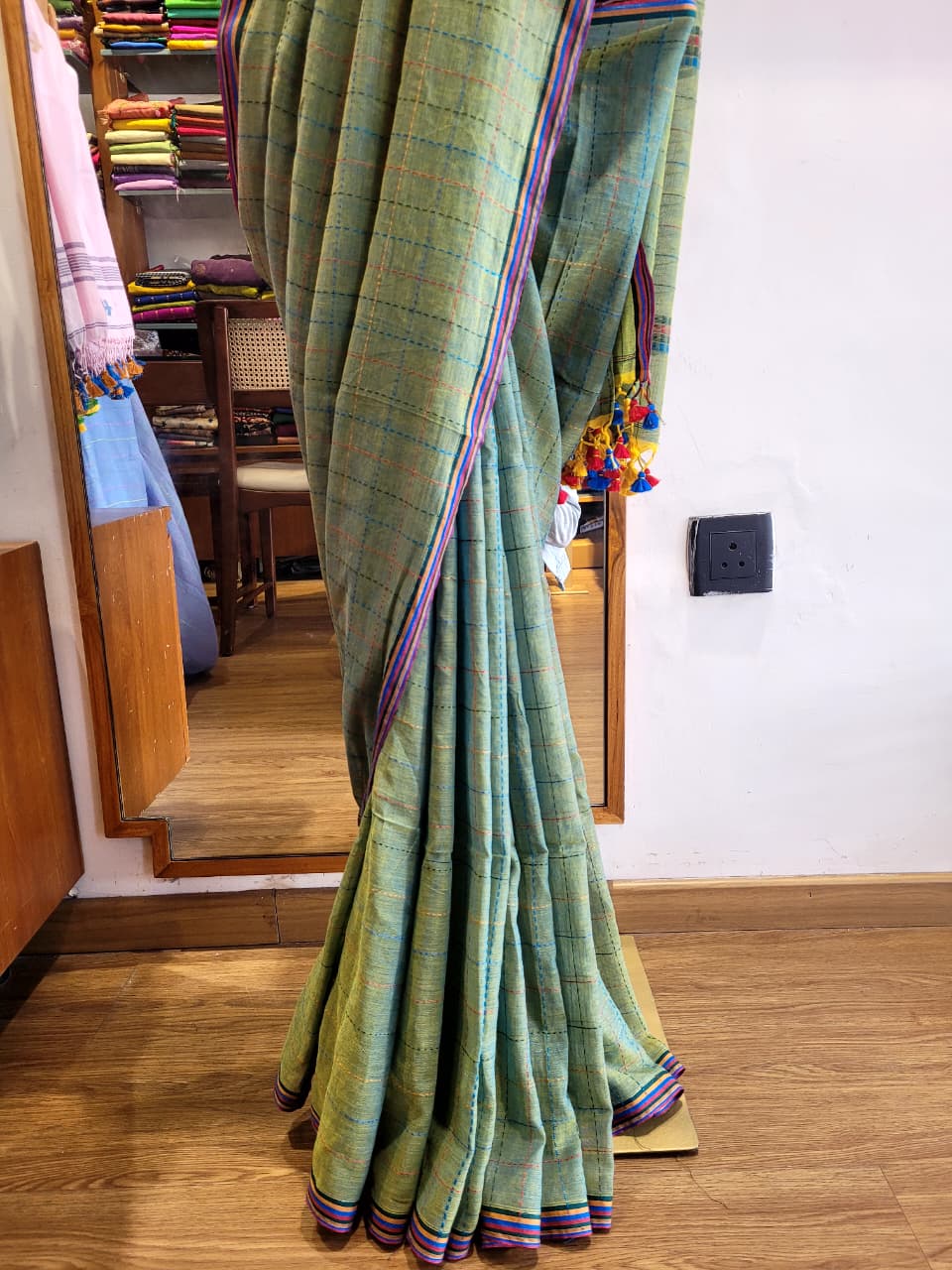 Green Cotton Kantha Saree