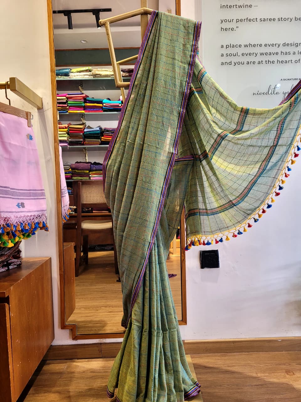 Green Cotton Kantha Saree