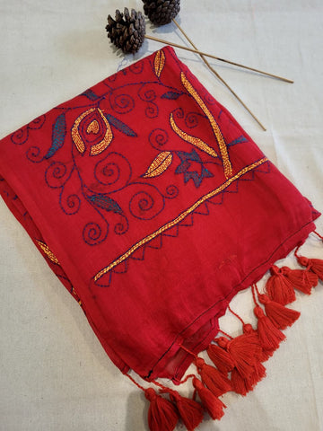Red Mul Kantha Saree