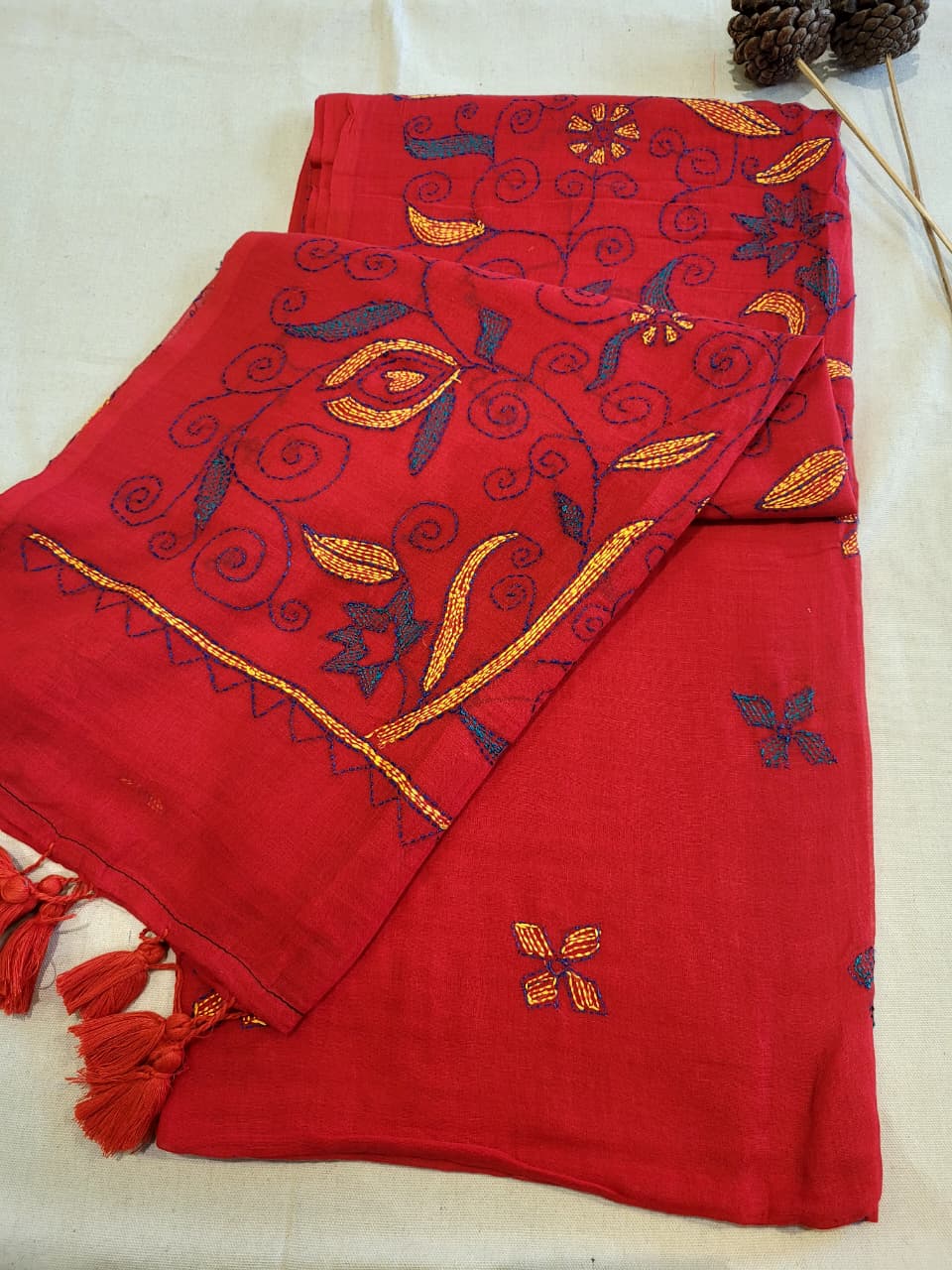 Red Mul Kantha Saree
