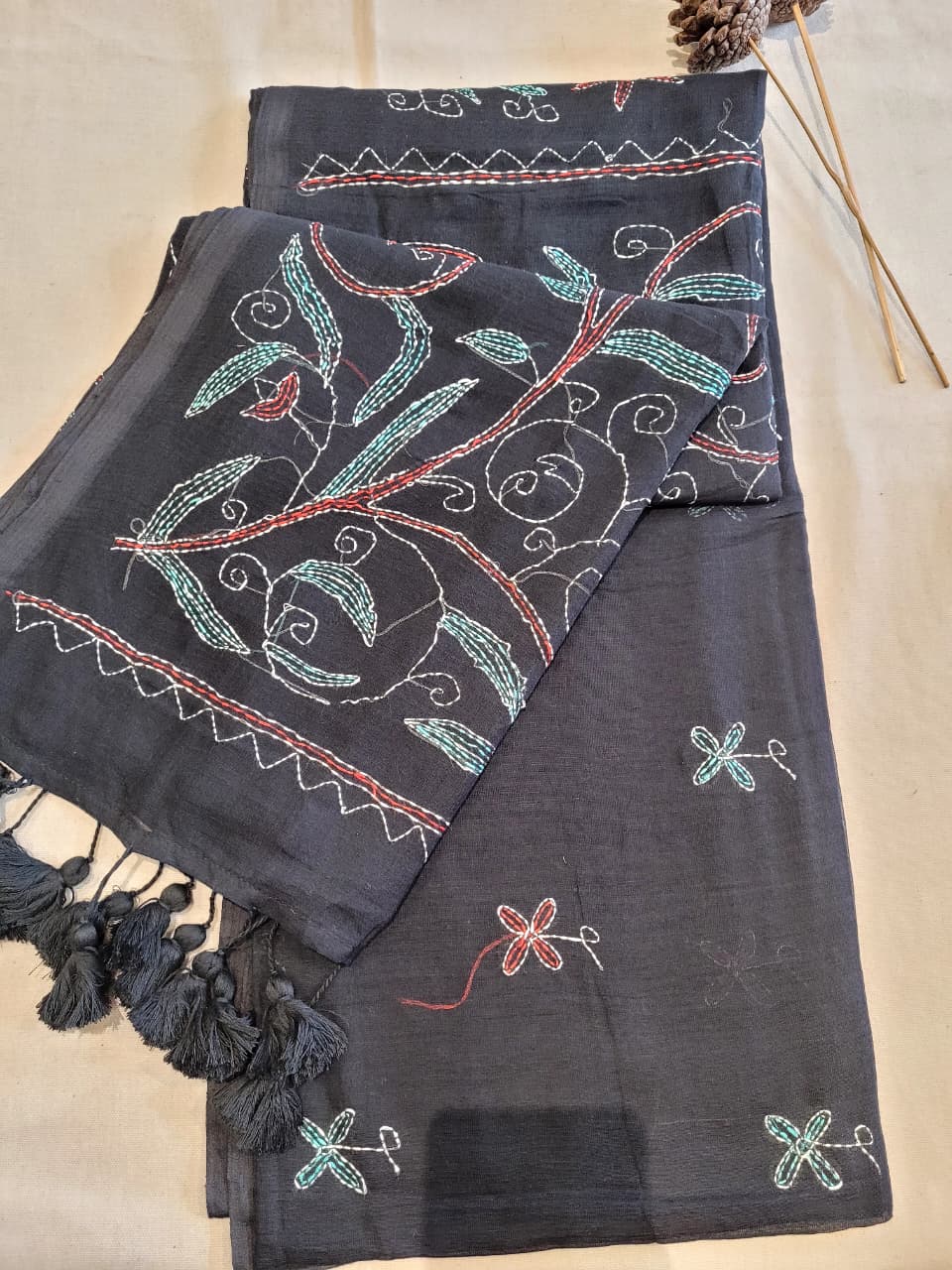 Black Mul Kantha Saree