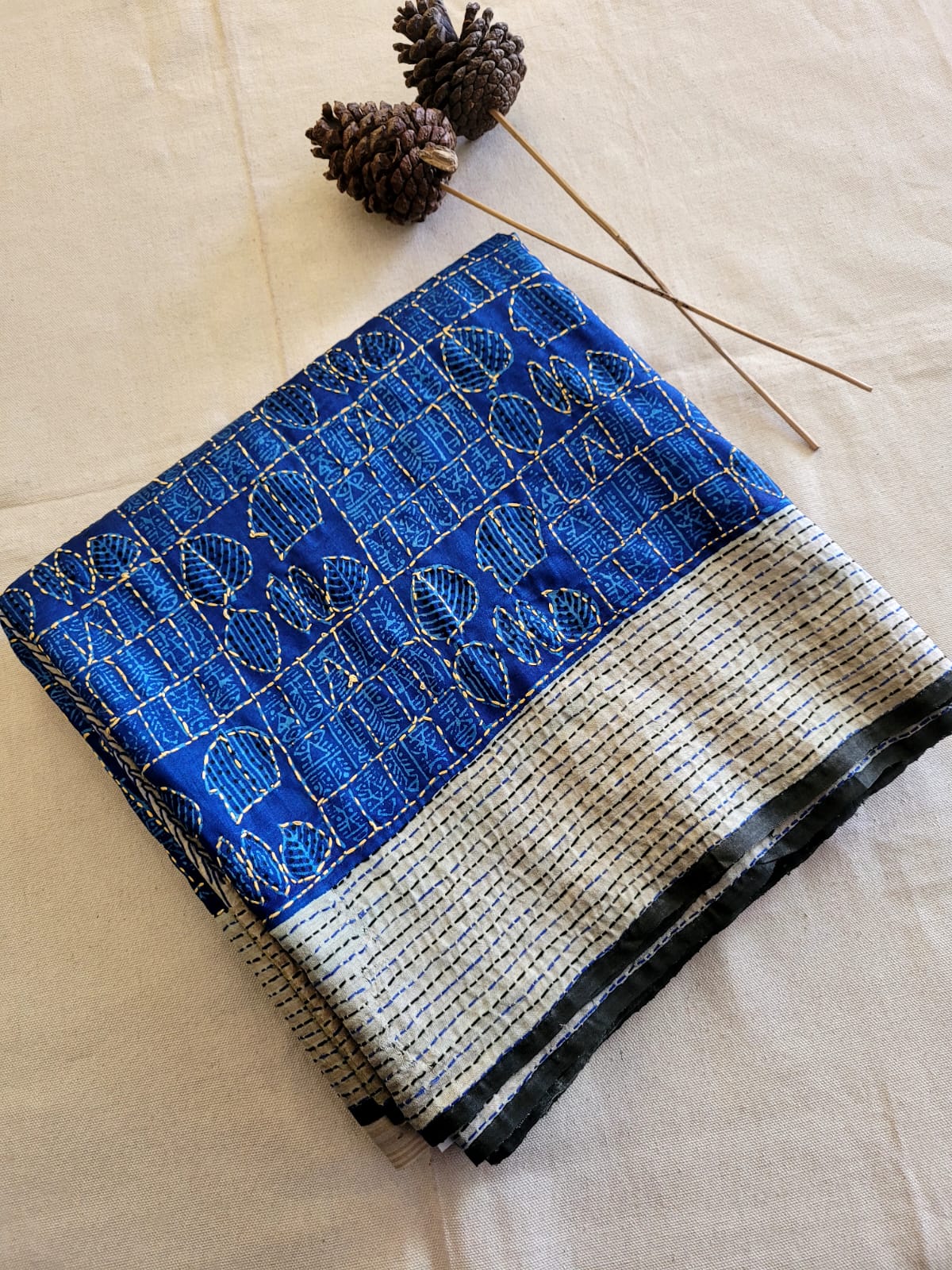 Navy Pure Tussar with Hand Embroidery Saree
