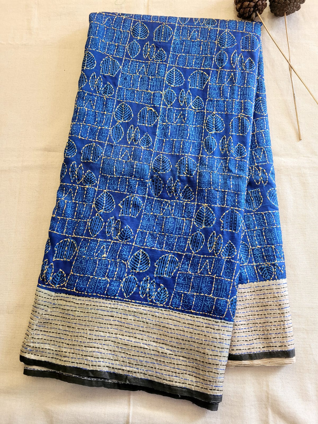 Navy Pure Tussar with Hand Embroidery Saree
