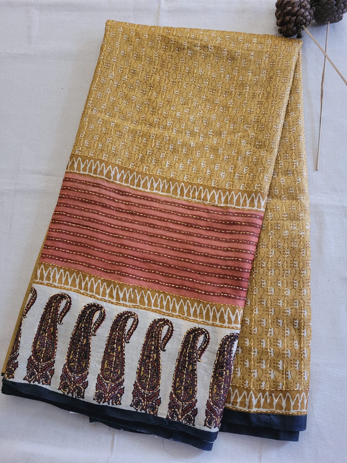 Olive Pure Tussar Saree with Hand Embroidery